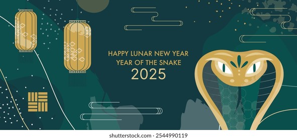 2025 Chinese New Year Banner. Year of the Green Snake Card Template Design with Golden Snake and Traditional Chinese Paper Lanterns. Asian Holidays Lunar New Year Decorations.	