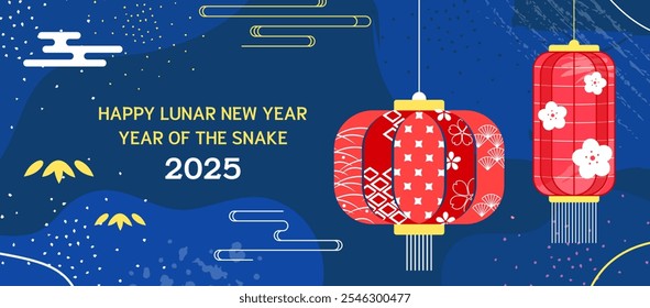 Anuncio del Año Nuevo Chino 2025. Año de la Plantilla de saludo de la serpiente con linternas rojas, patrones florales y decoraciones tradicionales chinas sobre fondo azul