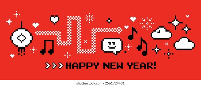 2025 Chinese New Year banner in pixel art video game style. Year of the Snake vector illustration. Asian Holidays Lunar New Year modern art design for tech and IT companies, poster. Red background