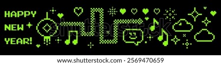 2025 Chinese New Year banner with y2k pixel art game elements. Snake, hanging lantern, firework, music note, cloud icon. Asian Lunar Holiday editable pixel vector illustration. Vector green elements