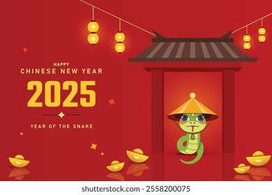 2025 Chinese New Year card design. 2025 year of the Snake. 2025 Lunar new year concept. Geometric modern vector with abstract forms, gradients, snakes. Design for calendar, cover, flyer.