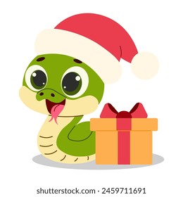 2025 chinese new year. cute snake with gift and red hat. Vector illustration. merry christmas