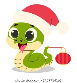 2025 Año Nuevo chino. una linda serpiente con capucha roja y una linterna china. Ilustración vectorial. Felices Navidades