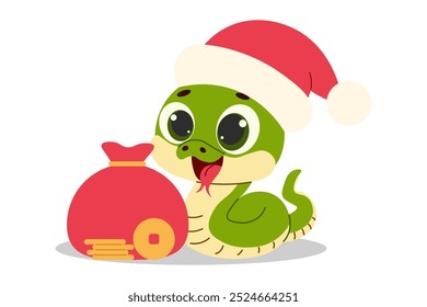 2025 Chinese New Year. A cute snake in a red hat and a red bag of coins. Vector illustration