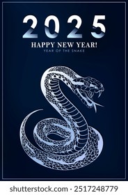 2025 Chinese New Year dark blue greeting card or poster for Year of the Snake with a silver coiled snake with open mouth and detailed scaled skin as a Chinese horoscope symbol, Oriental zodiac sign 