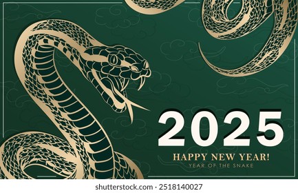 2025 Chinese New Year green banner or greeting card for the Year of the Snake with a golden snake with open mouth and detailed scaled skin as a Chinese horoscope symbol or Oriental zodiac sign 