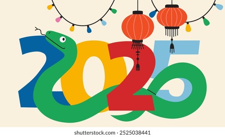 2025 Chinese New Year, year of the green Snake. Chinese zodiac snake and festive attributes, garlands, lanterns. Trendy modern vector illustration on light background, hand drawn, flat design