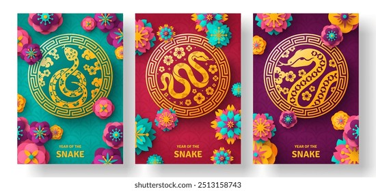 2025 Chinese New Year Greeting Card set, two sides poster, flyer design. Paper cut Sakura Flowers and clouds background. Vector illustration. Snake character. Lunar Asian knot, japanese spring menu