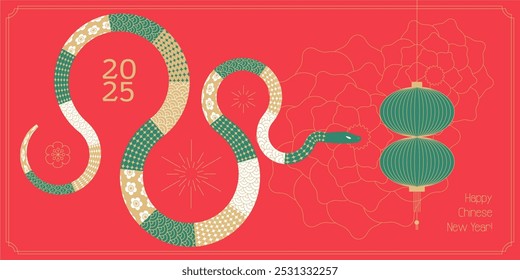 Tarjeta de felicitación del año nuevo chino 2025, año de la Plantilla de Anuncio de serpiente con serpiente de estilo geométrico moderno y linterna tradicional. Ilustración plana de Vector.