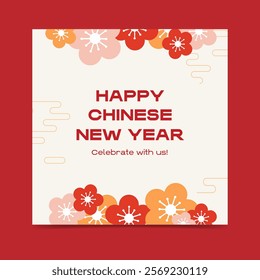 A 2025 Chinese New Year greeting card with pretty, chic,oriental blossom flowers in pink, orange, red. Minimalist simple, modern, line clip art perfect for cards, posters, social media celebrations.