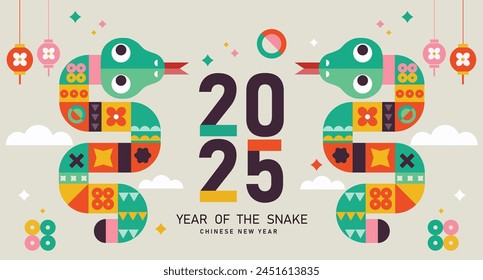 2025 chinese new year ,happy chinese new year 2025, 2025 chinese new year, year of the snake, modern flat geometric style chinese zodiac snake