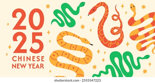 2025 chinese new year holiday banner with cute colorful snakes and stars. Vector flat background with fantasy reptiles. Zodiac symbol of lunar new year