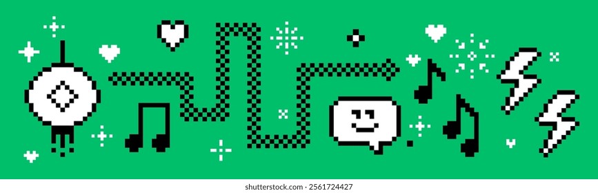2025 Chinese New Year horizontal banner in pixel art with snake. Y2k retro vector illustration. Asian Holidays Lunar New Year modern art design for tech and IT companies, poster. Green background
