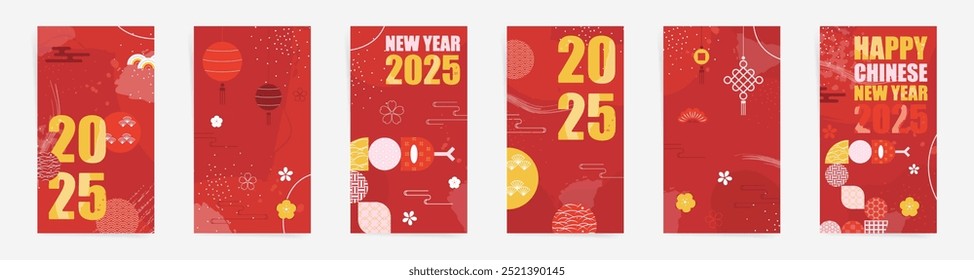 2025 Chinese New Year Luxury Templates. Year of the Snake Designs with Golden Snake and Ornaments. Red and Gold Minimal Geometric Patterns for Lunar New Year Posts, Stories, Flyers, and Posters.