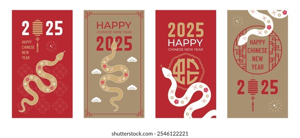 2025 Chinês Ano Novo design de arte moderna definido em vermelho, ouro e branco cores para capa, cartão, cartaz, banner. Símbolo chinês de serpente do zodíaco. Tradução para o chinês: Snake