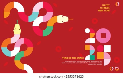 2025 Chinese new year modern art background, year of the snake banner template design with modern geometric style snakes on colourful, red background. Chinese zodiac Snake symbol