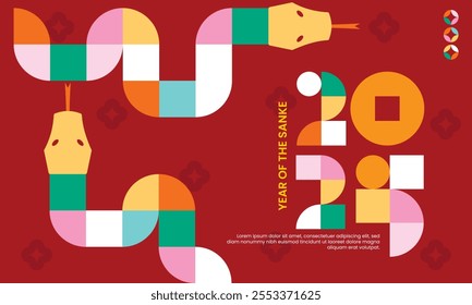 2025 Chinese new year modern art background, year of the snake banner template design with modern geometric style snakes on colourful, red background. Chinese zodiac Snake symbol