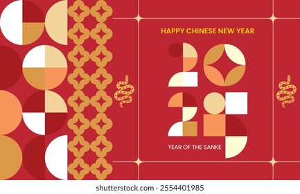 2025 Chinese new year modern art background, year of the snake banner template design with modern geometric style snakes on colourful, red background. Chinese zodiac Snake symbol