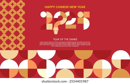 2025 Chinese new year modern art background, year of the snake banner template design with modern geometric style snakes on colourful, red background. Chinese zodiac Snake symbol