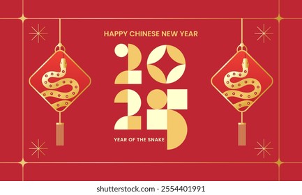 2025 Chinese new year modern art background, year of the snake banner template design with modern geometric style snakes on colourful, red background. Chinese zodiac Snake symbol