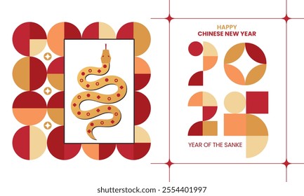 2025 Chinese new year modern art background, year of the snake banner template design with modern geometric style snakes on colourful, red background. Chinese zodiac Snake symbol