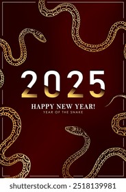 Cartaz de Ano Novo chinês 2025 com cobras enroladas douradas lineares como um quadro sobre fundo vermelho. Cartão em estilo asiático com répteis como símbolo do horóscopo oriental ou signo do zodíaco. Férias de Natal