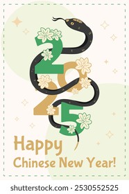 2025 Chinese New Year poster with the snake symbol of the year, Asian celebration, greeting card, banner and wallpaper with the zodiac serpent. Vector illustration.