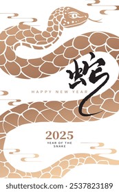 Diseño de póster del Año Nuevo Chino 2025 con un patrón de serpiente dorada sobre un fondo blanco, con fuente de caligrafía.