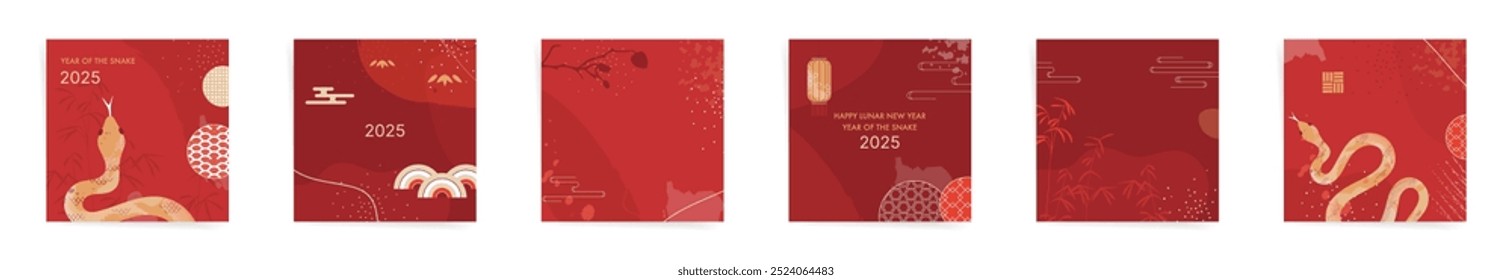 2025 Chinese New Year Premium Templates. Year of the Snake Designs with Golden Snake and Prosperity Symbols. Red and Gold Minimal Designs for Lunar New Year Greeting Cards and Ads.