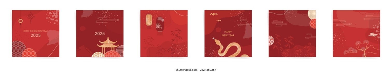 2025 Chinese New Year Premium Set. Golden Snake and Lantern Designs for Year of the Snake. Red and Gold Traditional Square Templates for Cards, Posters, Social Media, and Promotions.