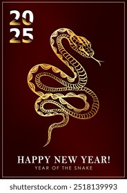 2025 Año Nuevo chino cartel rojo o tarjeta de felicitación para el Año de la Serpiente con una serpiente dorada con lengua y piel escamada detallada como un símbolo del horóscopo chino o signo del zodiaco oriental 