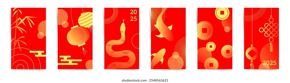 2025 Chinês Ano Novo Red e Gold Stories design conjunto de modelos. Ilustrações de lanternas, cobras, moedas e bambu no estilo tradicional festivo