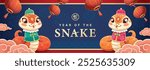 2025 Chinese New Year, Year of the Snake banner with cute zodiac snakes. Chinese translation: Snake