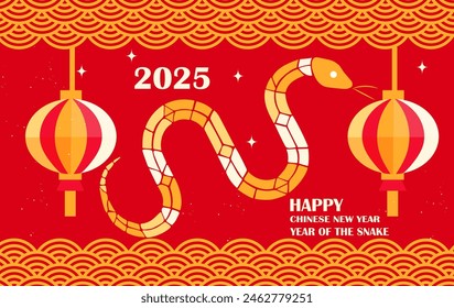 2025 Año Nuevo chino, año de la serpiente. Serpiente zodiacal china en estilo moderno plano geométrico.