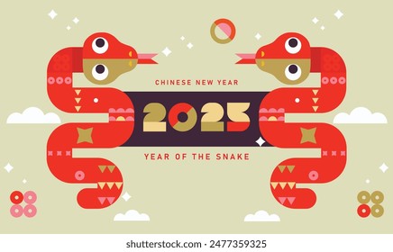 2025 Chinese New Year, year of the Snake. Chinese zodiac snake in geometric flat modern style.