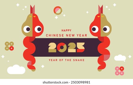 2025 Chinese New Year, year of the Snake. Chinese zodiac snake in geometric flat modern style. happy new year 2025