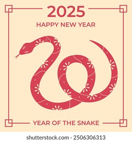 2025 Chinese New Year. Year of the snake. Hand drawn traditional red snake illustration and square banner design. Vector illustration.