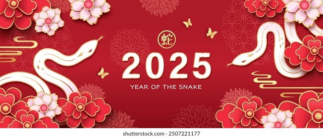 2025 Chinese new year, year of the snake banner template design with snakes and flowers background. Chinese translation: Snake