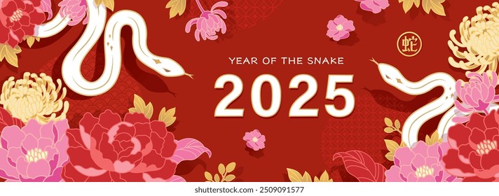 2025 Año Nuevo chino, año del diseño de Plantilla de Anuncio de serpiente con serpientes blancas y hermosos fondos de flores. Traducción al chino: Snake