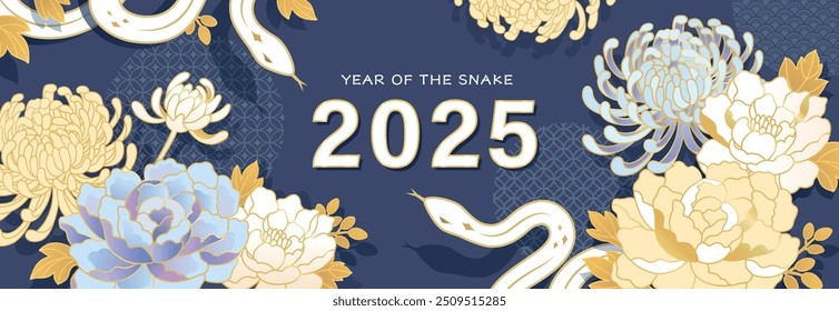 2025 Chinese new year, Year of the Snake banner template design with white snakes and beautiful flowers background. 