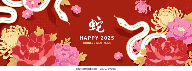 2025 Año Nuevo chino, año del diseño de Plantilla de Anuncio de serpiente con serpientes blancas y hermosos fondos de flores. Traducción al chino: Snake