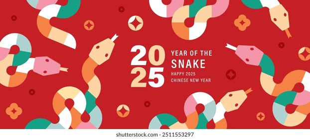 2025 Chinese new year, year of the snake banner template design with modern geometric style snakes on red backgrounds.