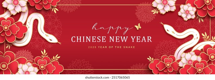 2025 Chinese new year, year of the snake banner template design with white snakes and beautiful flowers background.