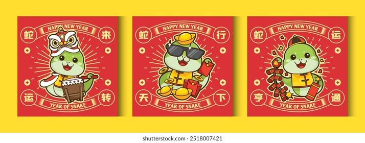 2025 Año Nuevo chino - año del conjunto de carteles de serpiente. Plantillas de diseño con serpiente linda en diferentes poses de deseos para decoración de temporada, marca, Anuncio, tarjeta de felicitación. Texto: Auspicioso año de la serpiente