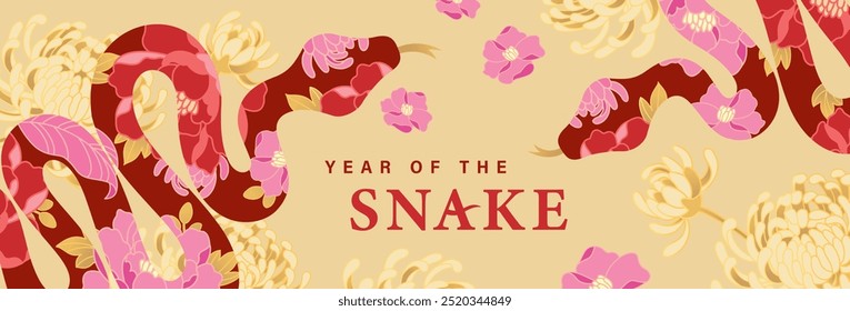 2025 Chinese new year, year of the snake banner template design with snakes and beautiful blossom flowers background.