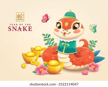 2025 Año Nuevo chino, Año del diseño de personajes de dibujos animados del zodiaco de la serpiente. Pequeña serpiente linda con mariposas, lingotes de oro y flores. Traducción al chino: Snake