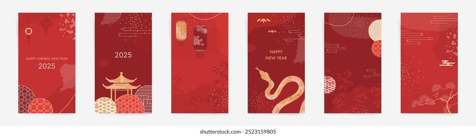 2025 Ano Novo Chinês da Serpente Fundo com desenhos orientais tradicionais. Lanternas Douradas e Símbolos Culturais em Vermelho e Ouro Abstrato Padrões. Modelos Premium para posts, panfletos, banners.