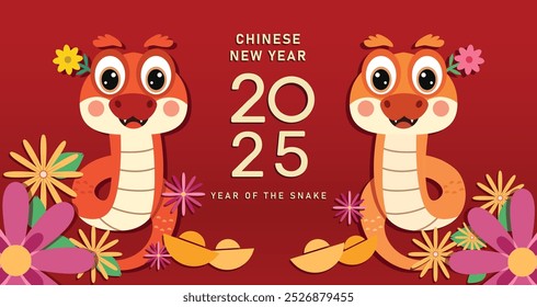 2025 Chinese New Year, Year of the Snake poster with zodiac snake character design. Cute little snakes with flowers.