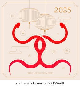 2025 Chinese new year, year of the snake banner template design with modern geometric style red snakes on light beige background. Chinese traditional lanterns. Vector design.