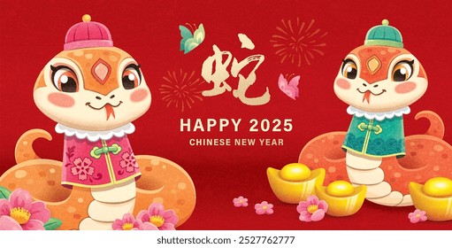 2025 Chinesisches Neujahr, Jahr der Schlange Poster mit niedlichen Tierkreisschlangen, Schmetterlinge, Blumen und Goldbarren. Chinesische Übersetzung: Schlange